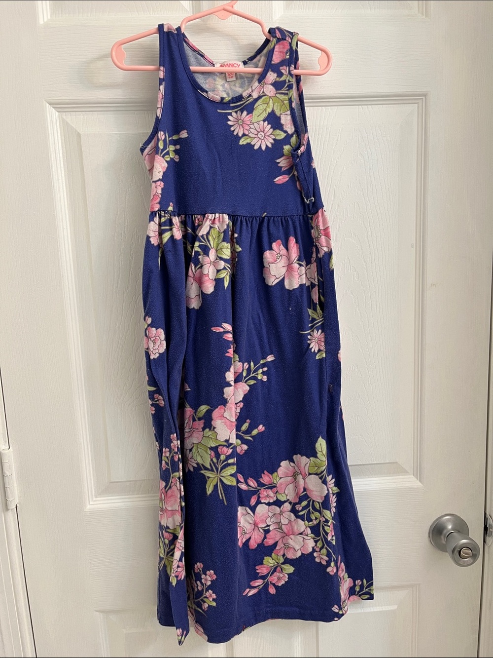 Girls Navy Floral Maxi Dress with Pink Blossoms and Pockets